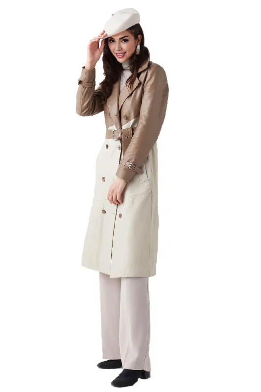 Sofia Women's Beige Garnished Cappuccino Leather Trench Coat Modern Military Style Trench