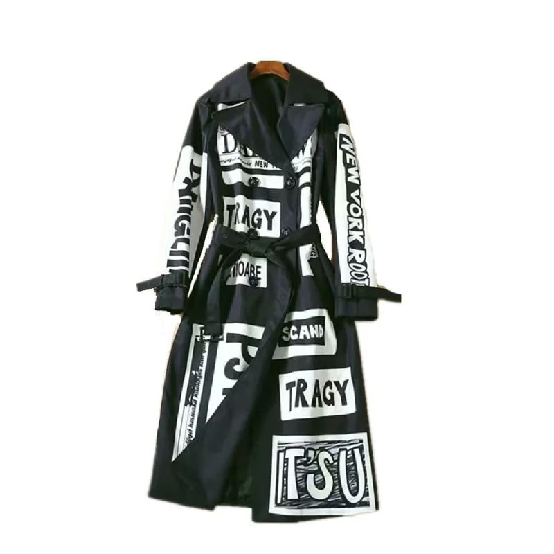 TRAGY™ Banner Print Trench Coat Chic Military Style Trench