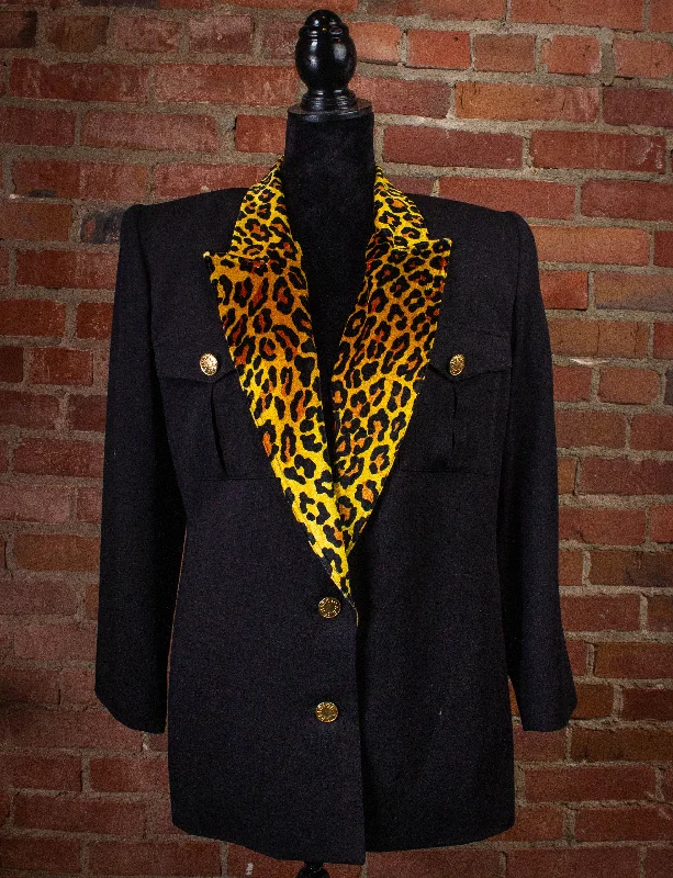Vintage Criscione Black and Cheetah Print Collar Blazer 90s Medium Women's Business Blazer