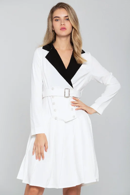 White and Black Collar Pearl Button-detail Blazer Dress Women's Brand Blazer