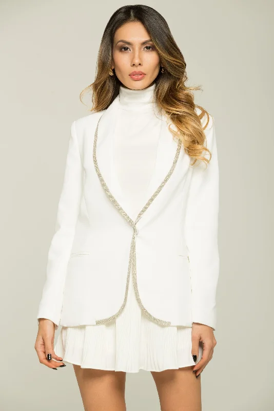 White with Silver Beads Trim Blazer Summer Women's Jacket