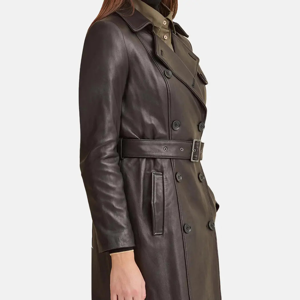 Women Brown Leather Trench Coat With Belt Stylish Wool Blend Trench Coat