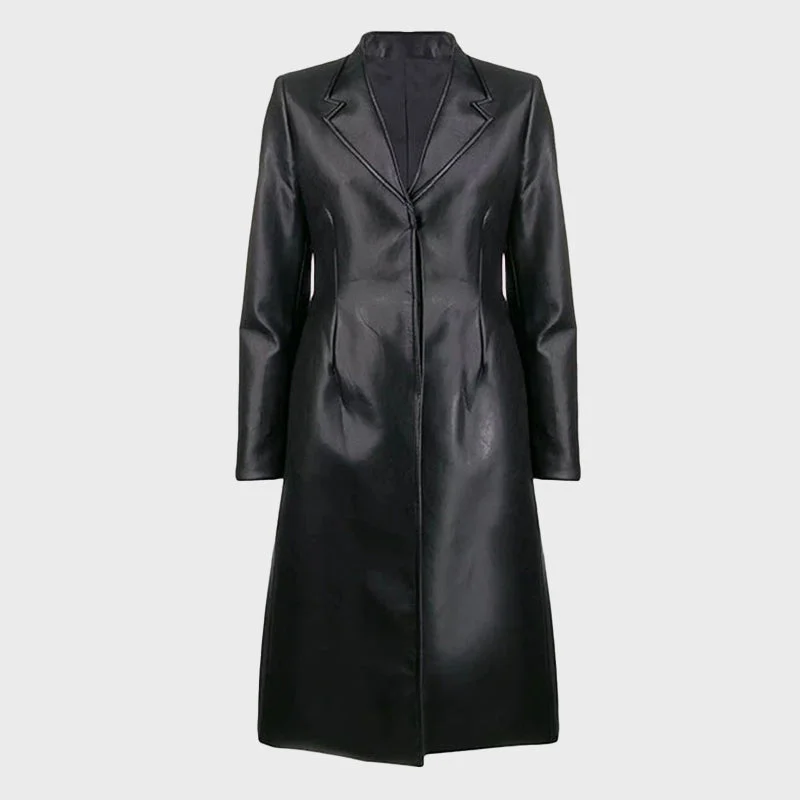 Women's Black Leather Long Trench Coat Modern Long Trench Jacket