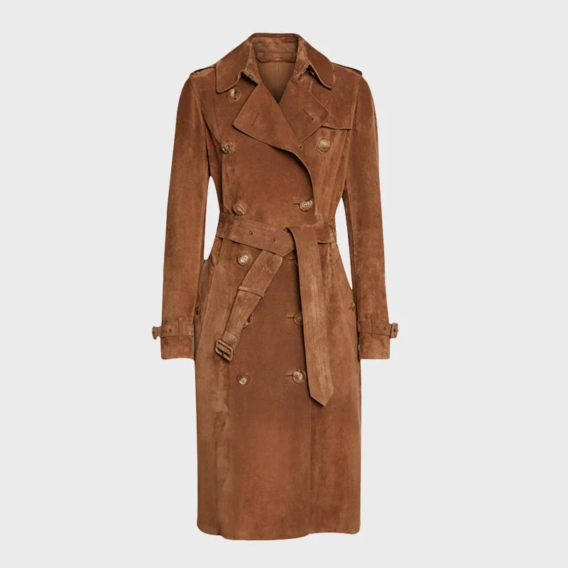Women's Brown Suede Trench Coat Casual Button-Up Trench Coat