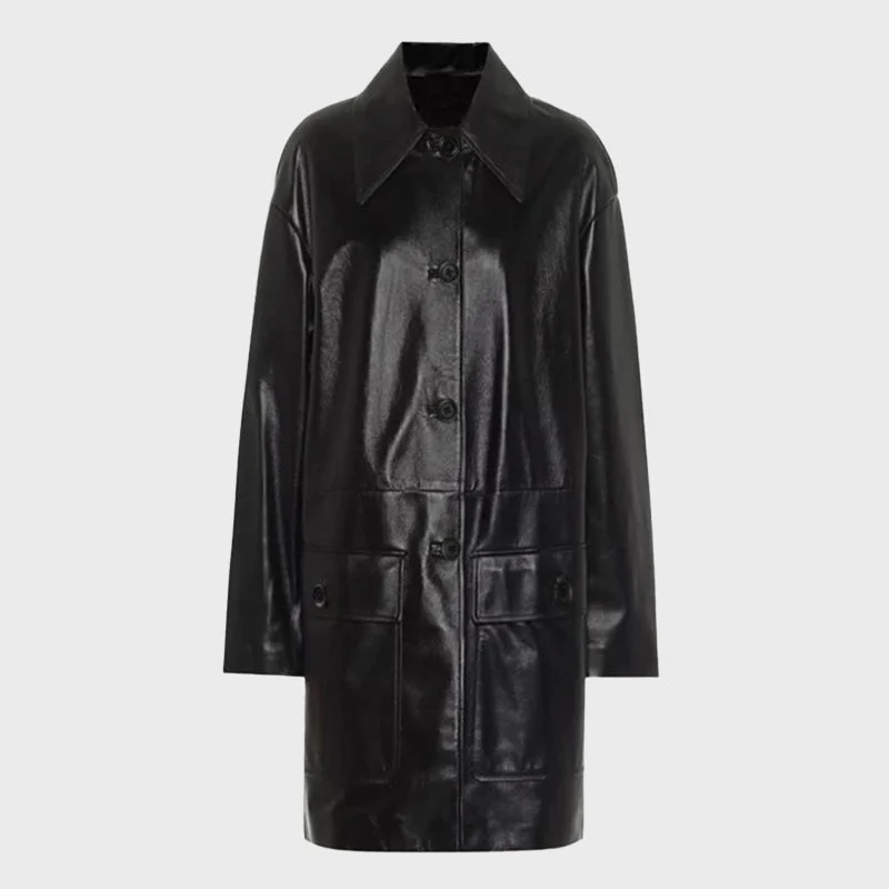 Women's Lisa Black Trench Leather Coat Chic Plaid Trench Coat