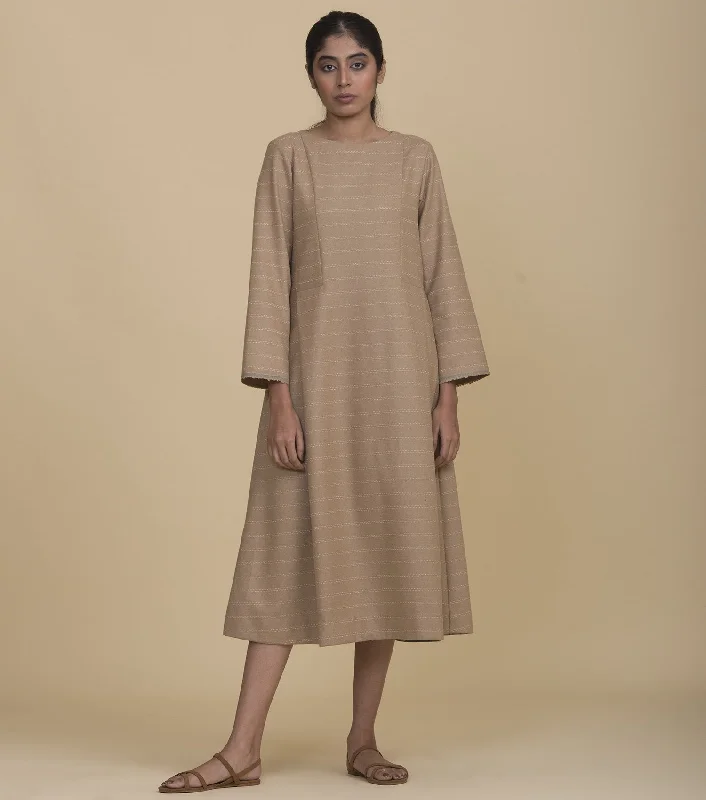 Beige Wool Long Dress Boatneck Modish Everyday