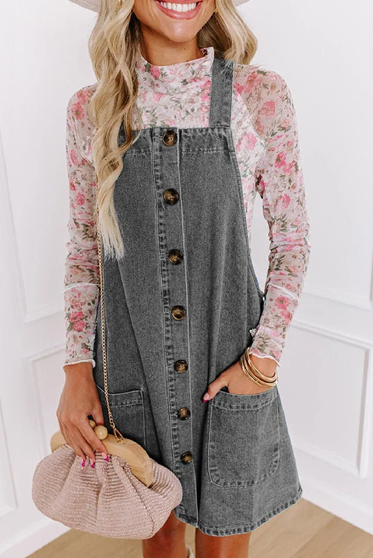 Blue Zone Planet |  Medium Grey Wide Strap Button Front Pocketed Denim Mini Dress Tunics Velvet soft