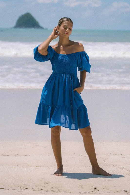 Brielle Blue Puff Sleeve Mini Dress Tunics Trousers formal