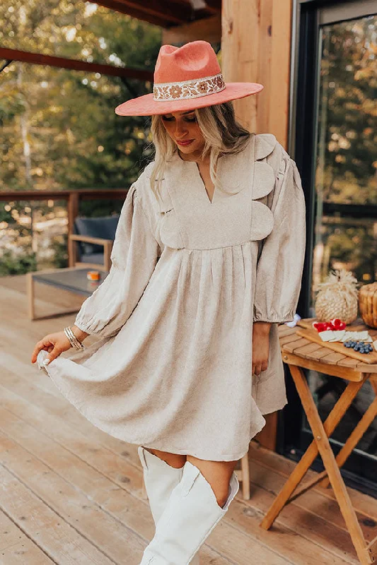 Cappuccino Cutie Corduroy Mini Dress in Oatmeal Cowl Neckline Elegant