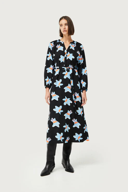 Black Calatea Floral Print Long Dress Shift Classic Vintage