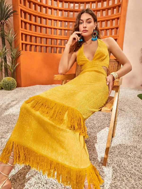 CUT OUT WAIST TIE BACKLESS FRINGE DETAIL HALTER DRESS Tunics Fashionable trendy
