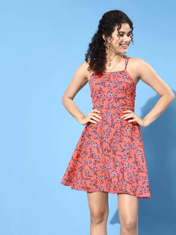 Berrylush Women Orange Floral Printed Crepe Fit & Flare Mini Dress Tunics Solid Classic Berrylush Women Orange Floral Printed Crepe Fit & Flare Mini Dress Tunics Solid Classic