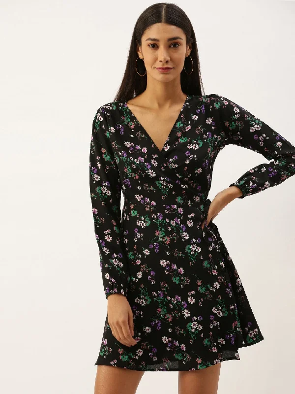 Berrylush Women Black Floral Printed V-Neck Wrap Mini Dress Tunics Satin smooth