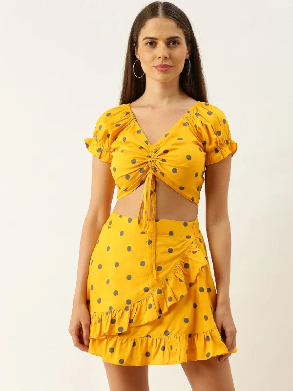 Berrylush Women Yellow Polka Dot Printed V-Neck Fit & Flare Co-Ordinate Mini Dress Tunics Polka dots Berrylush Women Yellow Polka Dot Printed V-Neck Fit & Flare Co-Ordinate Mini Dress Tunics Polka dots