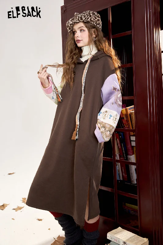 ELFSACK 2024 Winter New Arrivals Hoodie Long Sleeve Dress for women retro preppy style contrast color stitching long dress Tunics Stylish elegant ELFSACK 2024 Winter New Arrivals Hoodie Long Sleeve Dress for women retro preppy style contrast color stitching long dress Tunics Stylish elegant
