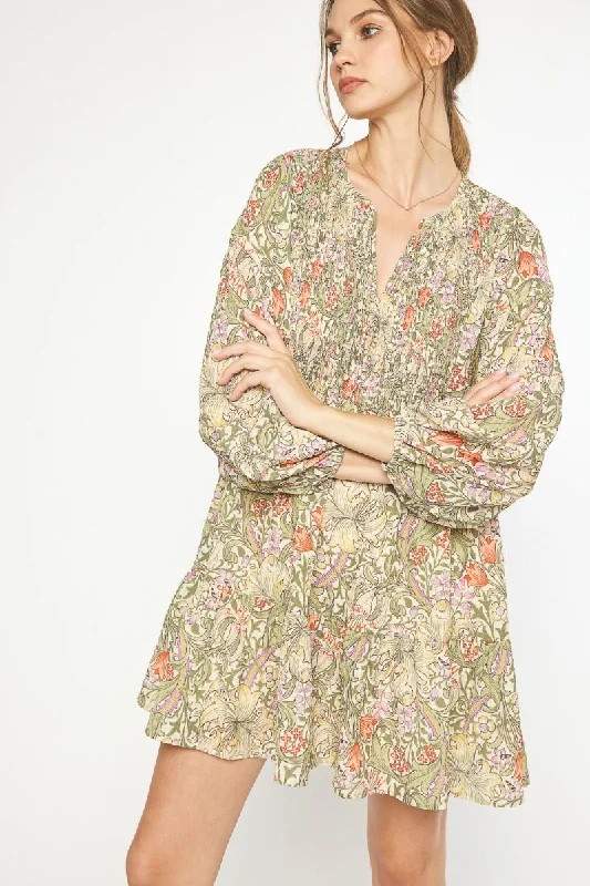 Floral paisley print tiered long sleeve mini dress featuring self-tie detail at neckline Tunics Running lightweight
