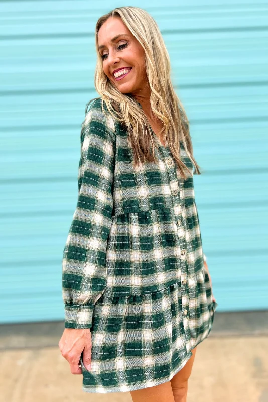 Green Plaid Drop Waist Button Down Dress Tunics Formal black