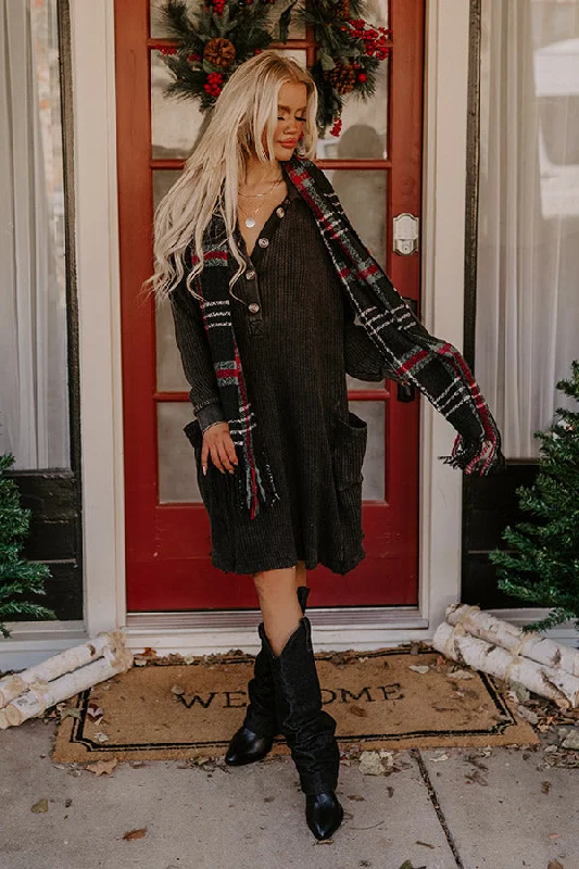 Harvest Cheer Waffle Knit Mini Dress In Vintage Black Tunics Long Elegant