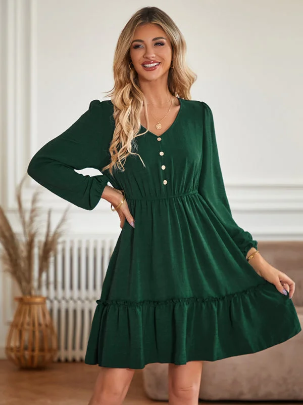 Women's V-neck slim-fitting waist solid color button-embellished dress Tunics Stylish elegant Women's V-neck slim-fitting waist solid color button-embellished dress Tunics Stylish elegant