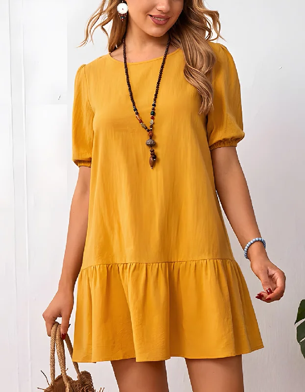 Plain Round Neck Loose Waist Cotton Short A-Line Dresses Turtleneck Neckline Stylish Plain Round Neck Loose Waist Cotton Short A-Line Dresses Turtleneck Neckline Stylish