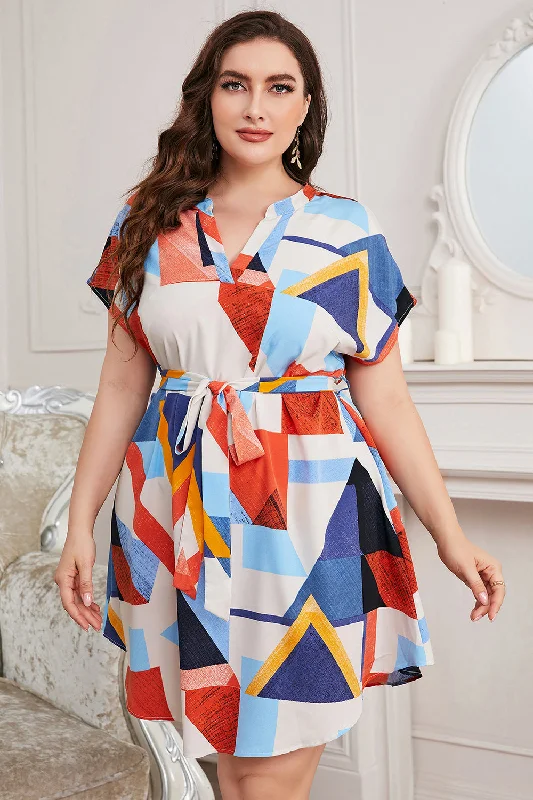 Plus Size Notched Neck Tie Waist Dress Tunics Timeless classic