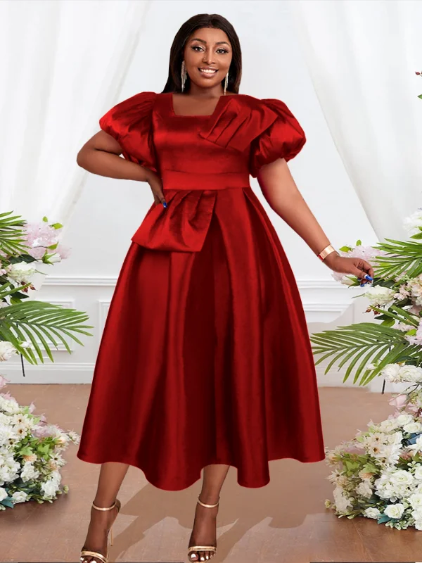 Puff Sleeve High Waist Pleated Green Prom Dress Tunics Fashionable chic