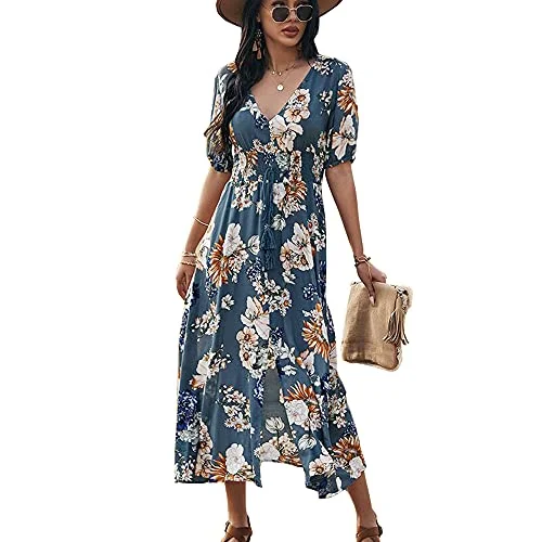 Saiqigui Women's Summer Short Sleeve V-Neck Floral Casual Maxi Long Dress Beach Boho Style Tunics Summer linen Saiqigui Women's Summer Short Sleeve V-Neck Floral Casual Maxi Long Dress Beach Boho Style Tunics Summer linen