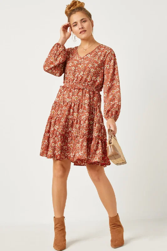 Smocked Waist Ruffled Tiered V Neck Dress Tunics Spring floral