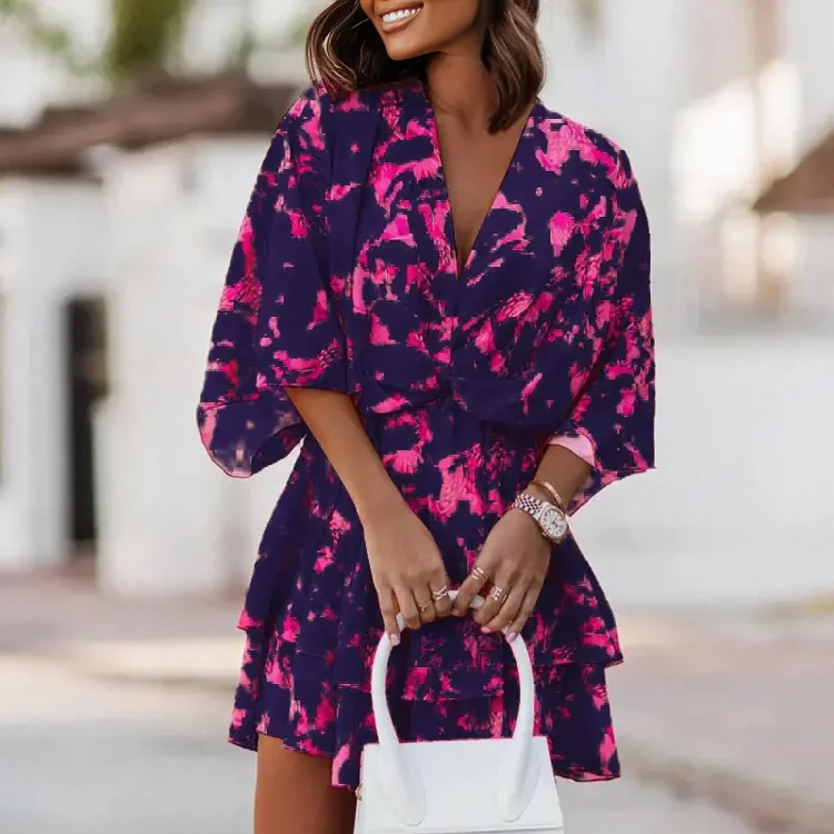V-Neck Loose Sleeve Elastic Waist Printed Dress Tunics Fall fleece
