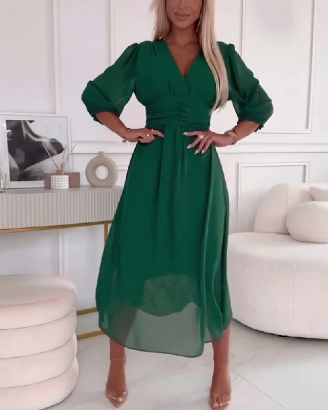 V-Neck Solid Color Waist Dress Tunics Top rated