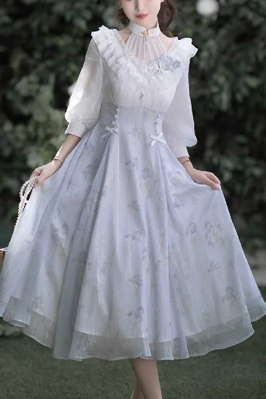 White/Blue Lace V Collar Half Sleeves High Waisted Sweet Lolita OP Dress Tunics Brand named