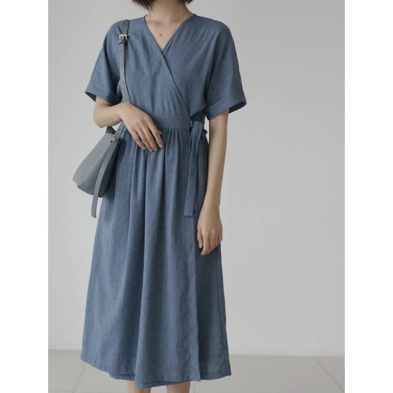 Women Vintage Cotton Linen High Waist V-neck Elegant Casual Dress Tunics Silk luxurious