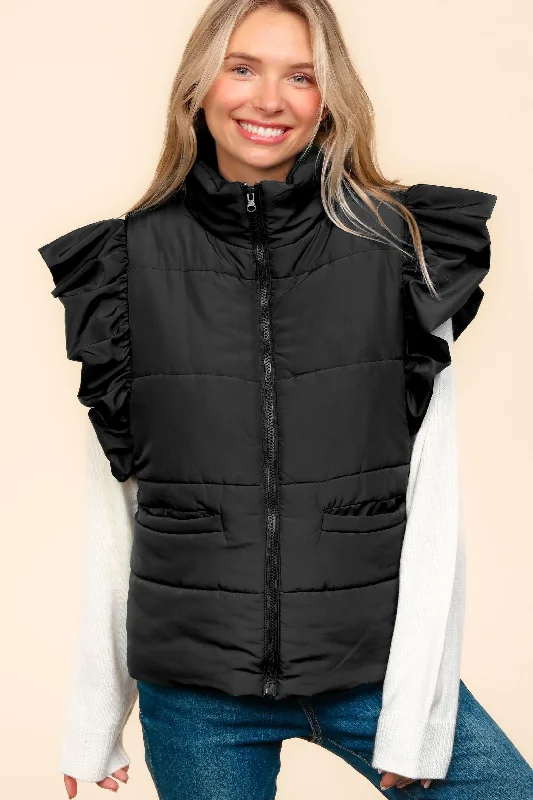 Black High Neck Zip Up Ruffle Sleeve Puffer Vest