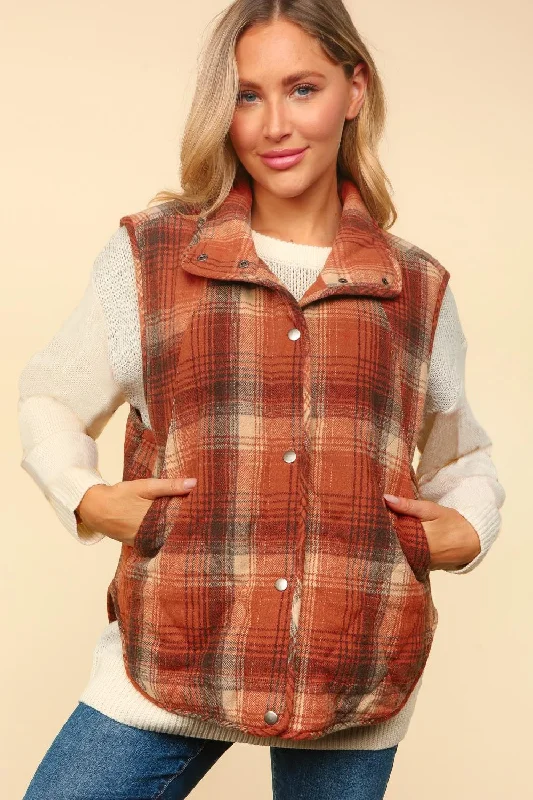 Plus High Neck Snap Button Plaid Puffer Vest