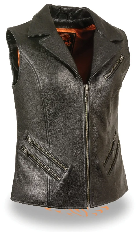 Women's Motorcycle Lapel Collar zipper leather vest w/2 Gun pockets