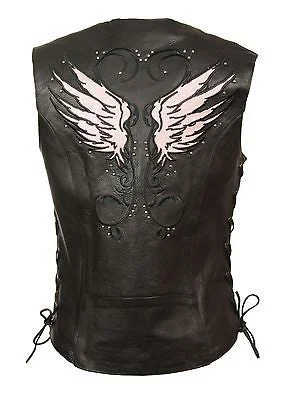 WOMEN'S MOTORCYCLE RIDING PINK LEATHER VEST W/ STUD & WINGS DETAILING SIDE LACE