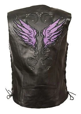 Women's purple leather vest with Studs wings back detailing w/gun pockets