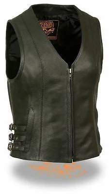 WOMEN'S MOTORCYCLE RIDING SWAT SEXY LEATHER VEST W/SIDE BUCKLES NEW