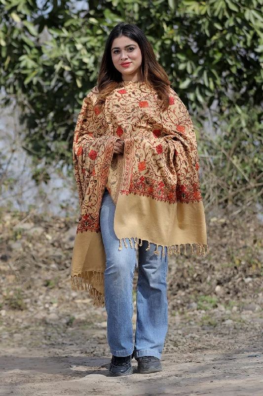 Beige Color Aari Work Embroidered Shawl Enriched With Running Jaal Pattern Elegant Silk Shawl Scarf Beige Color Aari Work Embroidered Shawl Enriched With Running Jaal Pattern Elegant Silk Shawl Scarf