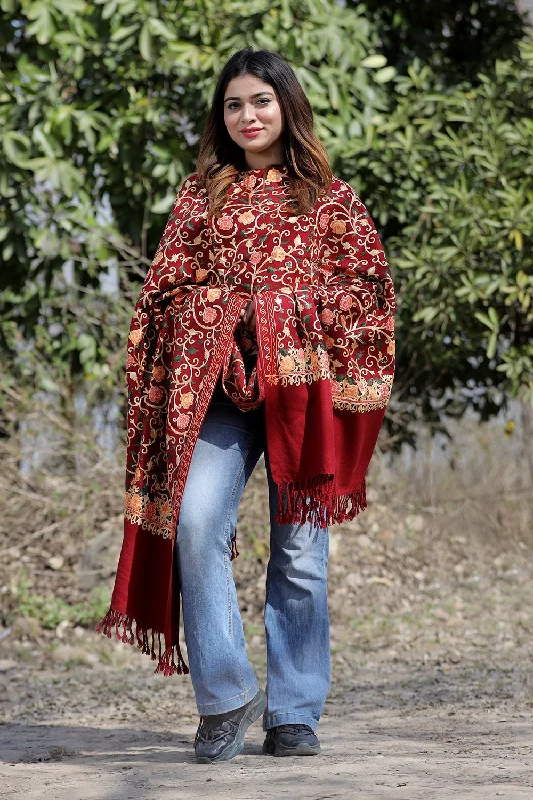 Maroon Color Aari Work Embroidered Shawl Enriched With Running Jaal Pattern Warm Cashmere Shawl Scarf Maroon Color Aari Work Embroidered Shawl Enriched With Running Jaal Pattern Warm Cashmere Shawl Scarf