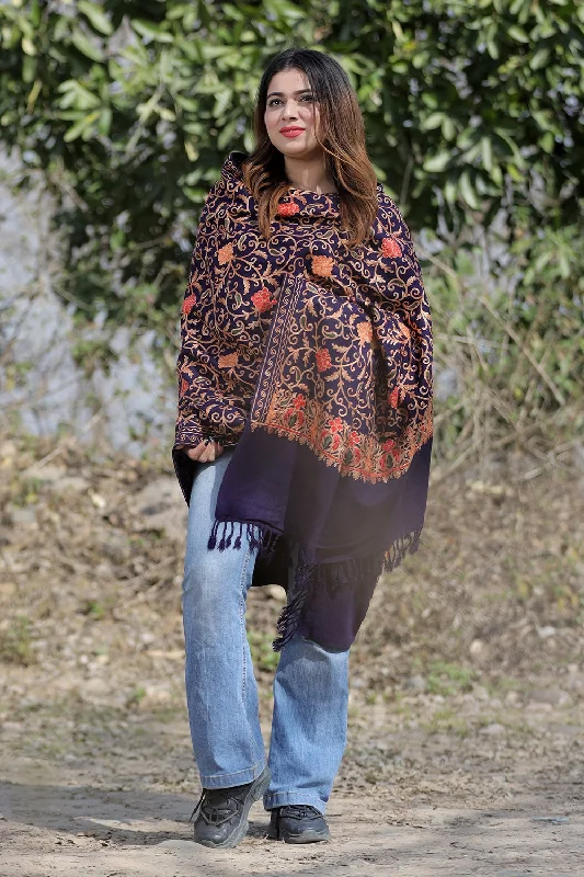 Navy Blue Color Aari Work Embroidered Shawl Enriched With Running Jaal Pattern Classic Cashmere Shawl Scarf Navy Blue Color Aari Work Embroidered Shawl Enriched With Running Jaal Pattern Classic Cashmere Shawl Scarf