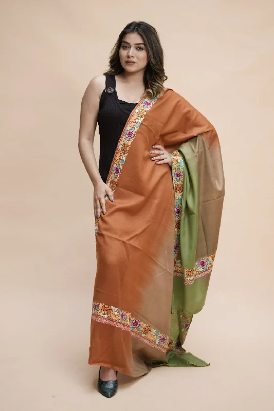 Ocher Ombre Color Kashmiri Shawl With Aari Border Gives A Trendy Look To The Wearer. Elegant Wool Shawl Cape Ocher Ombre Color Kashmiri Shawl With Aari Border Gives A Trendy Look To The Wearer. Elegant Wool Shawl Cape