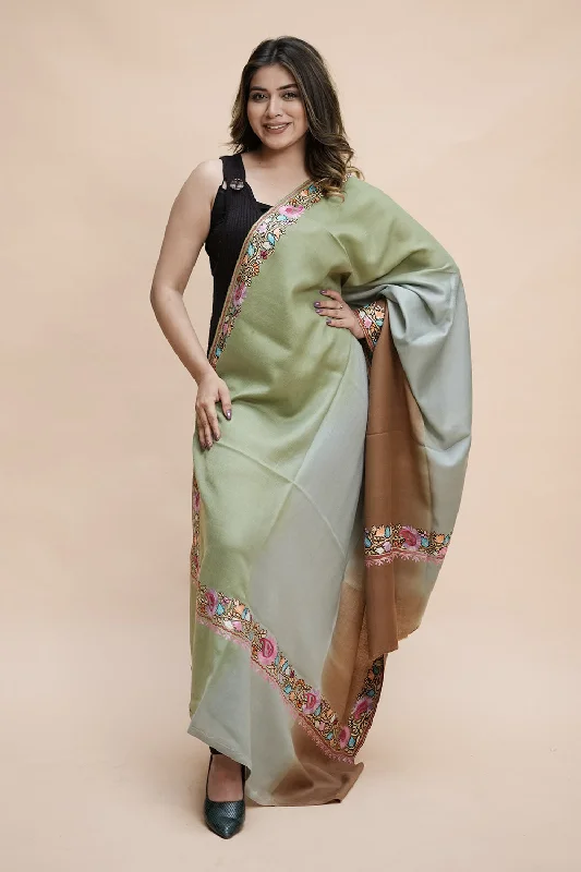 Ombre Color Kashmiri Shawl With Aari Border Gives A Trendy Look To The Wearer. Soft Printed Shawl Wrap Ombre Color Kashmiri Shawl With Aari Border Gives A Trendy Look To The Wearer. Soft Printed Shawl Wrap