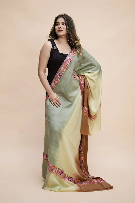 Ombre Color Kashmiri Shawl With Aari Border Gives A Trendy Look To The Wearer. Fashionable Silk Shawl Wrap