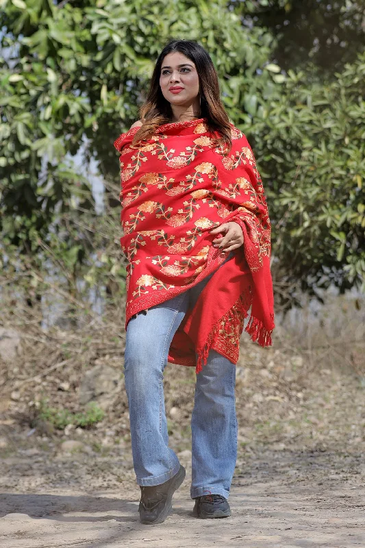 Red Color Aari Work Embroidered Shawl Enriched With Running Jaal Pattern Fashionable Silk Shawl Wrap