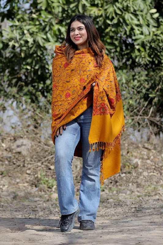 Mustard Color Aari Work Embroidered Shawl Enriched With Running Jaal Pattern Trendy Long Knit Shawl Mustard Color Aari Work Embroidered Shawl Enriched With Running Jaal Pattern Trendy Long Knit Shawl