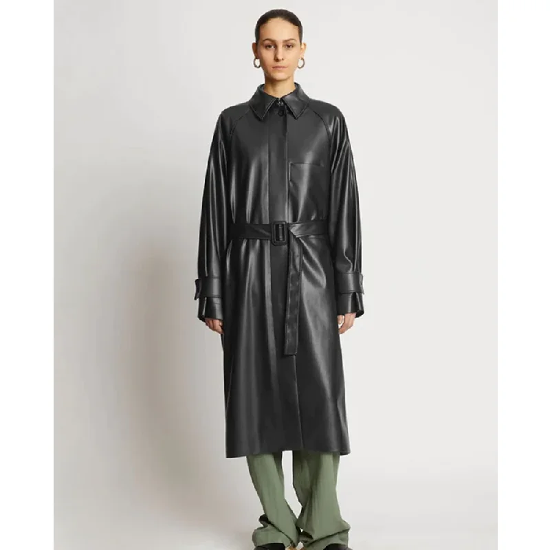 Black Leather Plain Trench Coat For Women Jersey Tulle Batik