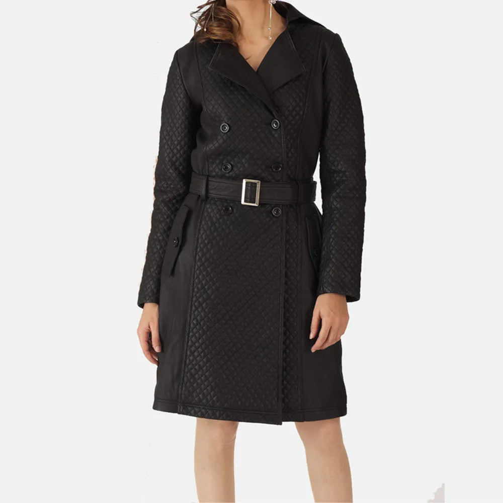 Black Leather Trench Coat in Button & waist belt Trapeze Tunic Caftan
