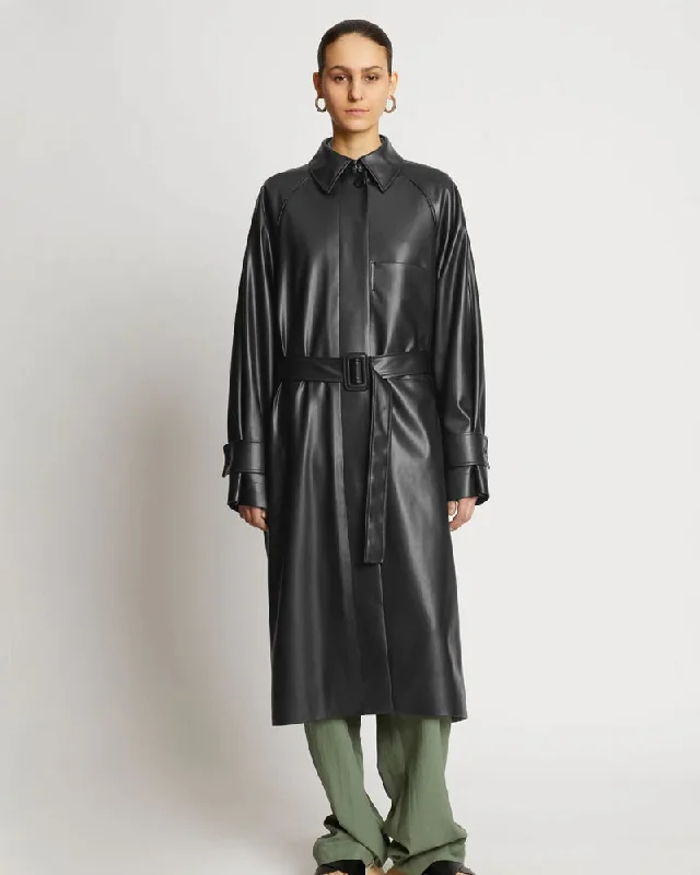 Black Sheepskin Leather Plain Trench Coat Elasticated Drawstring Belted