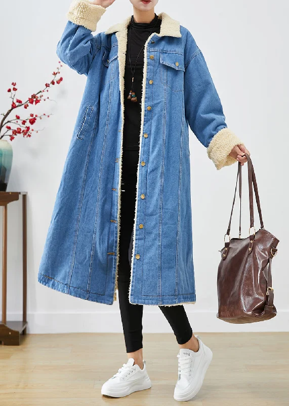 Bohemian Blue Oversized Thick Fleece Wool Lined Denim Trench Coats Winter Sequined Lace Ribbed